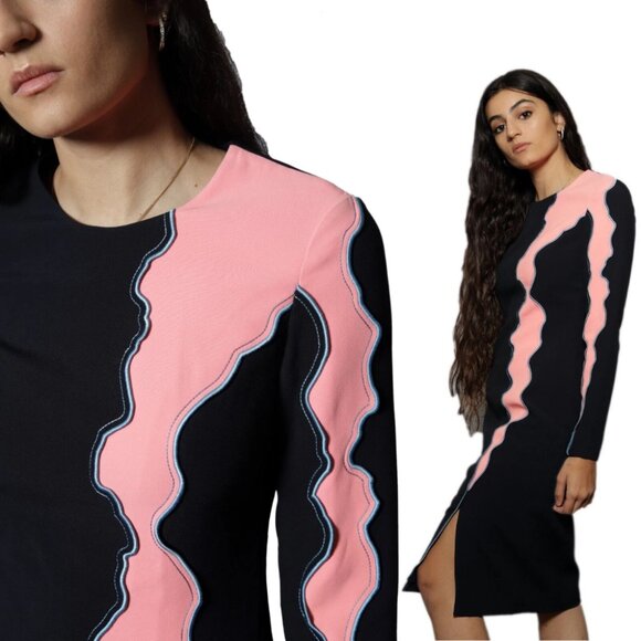 VERSACE Runway F/W 2016 Navy Blue Pink Panelled Wave Dress NWT IT Sz 42 - Picture 1 of 10